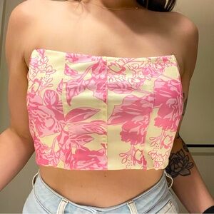 Pink Floral Silky Cropped Tube Top